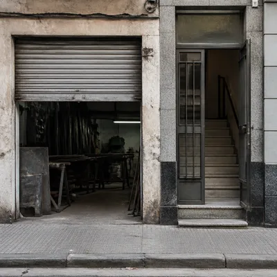 Portal de vivienda y cierre metálico de comercio en una calle de Barcelona